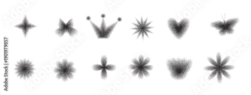 Y2k simple icons with grain noise gradient. Retro black stippling flowers crown, star, butterfly forms set. Halftone gradation figures isolated on white background. Vector dotworks shapes illustration