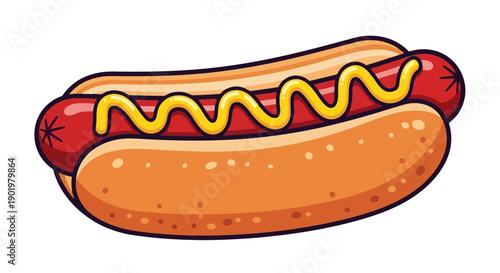 A delicious hot dog with mustard in a bun, presented in a cartoon style.