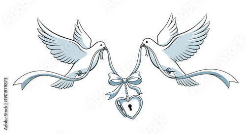 Two white doves carrying a ribbon with a heart-shaped locket and bow.
