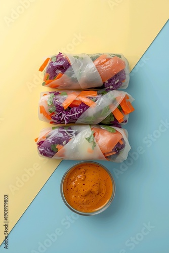 Vertical food illustration of vegetable rice paper rolls, healthy vegan snack on yellow and blue split background, candid lifestyle culinary art