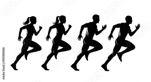 Silhouettes of two men and two women running in a race, showcasing athletic movement and competition.