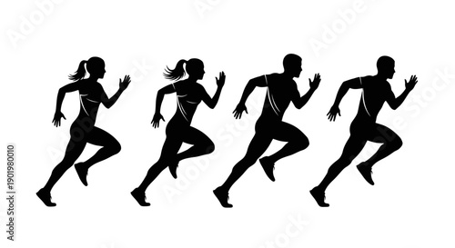 Silhouettes of four athletes, two women and two men, running in a race, depicted in black against a white background.