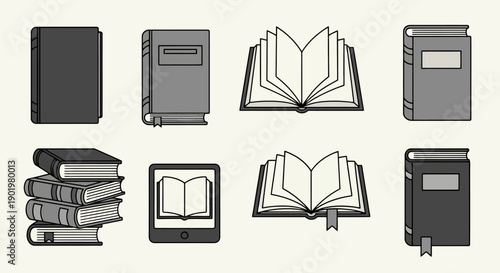 A collection of various book illustrations, including closed books, open books, and an e-reader, presented in a grayscale palette.