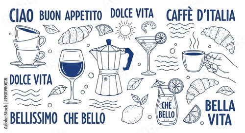 A charming doodle illustration of Italian lifestyle elements including coffee, croissants, wine, and various Italian phrases.