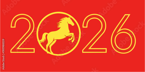 2026 Year of the Horse Graphic: Gold Rearing Horse Silhouette on Red Background
