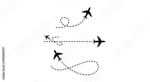 Three airplanes depicted in silhouette, each following a distinct dotted flight path against a white background.