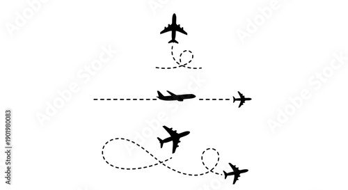 Silhouettes of airplanes with dotted lines showing their flight paths.