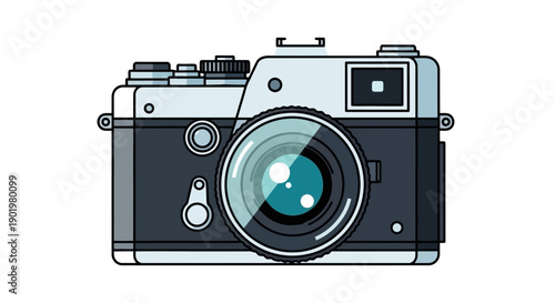 A vintage-style camera with a large lens and a reflective surface, presented in a flat illustration style.