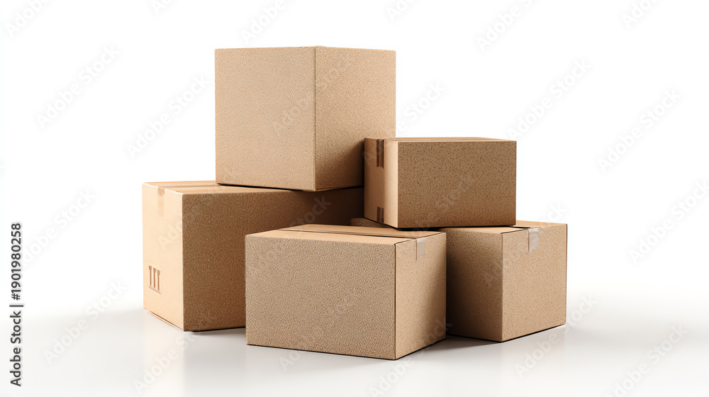 Fototapeta premium A stack of brown cardboard boxes on a white background, ideal for packaging or shipping concepts.