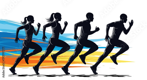 Silhouettes of male and female athletes running in a race with colorful abstract background.