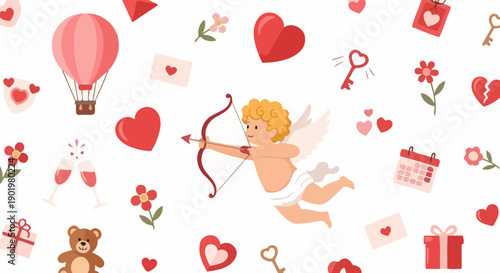 A whimsical Valentine's Day illustration featuring Cupid aiming his bow and arrow amidst a charming collection of hearts, hot air balloons, gifts, and romantic symbols.