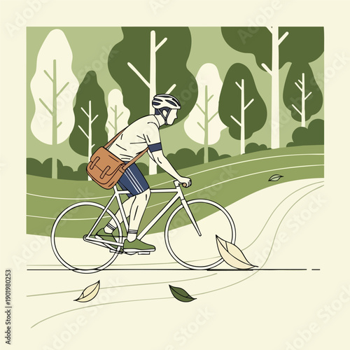 Man cycling on a road with a messenger bag.