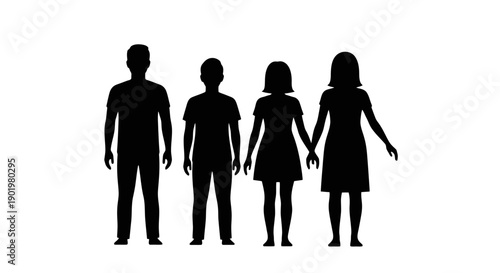 Silhouettes of a family of four, including two adults and two children, standing together.