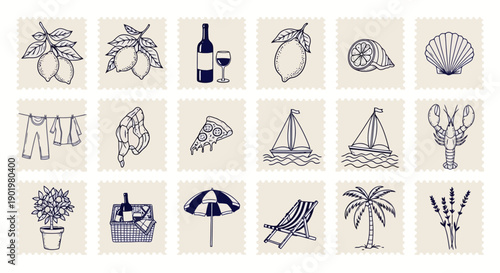 A collection of 15 postage stamp-like illustrations depicting various summer vacation and leisure activities and items.