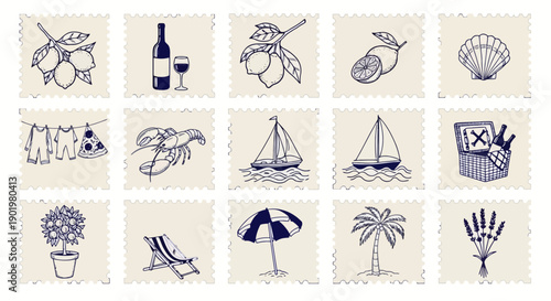 A collection of 15 hand-drawn illustrations on a beige background, depicting various summer and vacation themes.