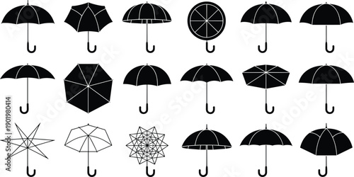 Large Set of Eighteen Black and White Umbrella Silhouettes Featuring Various Shapes From Classic Open Parasols to Geometric Top Views for Rain Weather and Fashion Design