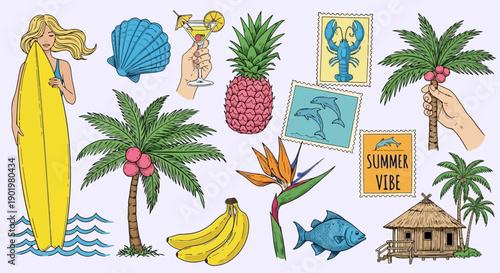 A vibrant collection of tropical summer vacation elements including a surfer girl, palm trees, fruits, a beach hut, and marine life.