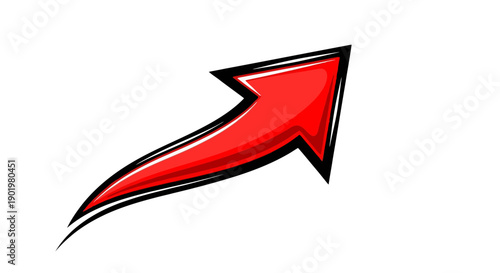 A stylized, vibrant red arrow pointing upwards and to the right, with a dynamic, curved tail and a bold black outline.
