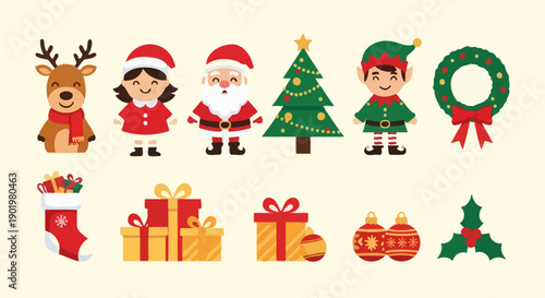 A charming collection of festive Christmas characters and symbols, including Santa, an elf, a reindeer, a Christmas tree, gifts, and ornaments, perfect for holiday designs.