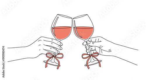 Two hands holding wine glasses filled with red wine, clinking them together in a toast with decorative bows on the stems.