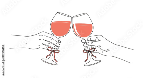 Two hands holding wine glasses filled with red wine, clinking them together in a toast.