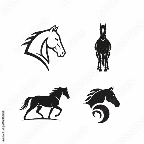 Four distinct black and white horse illustrations, including profiles, full body, and stylized designs, suitable for logos or graphic elements.