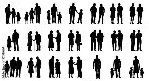 Collection of diverse human silhouettes representing families, couples, and individuals in various poses and interactions.
