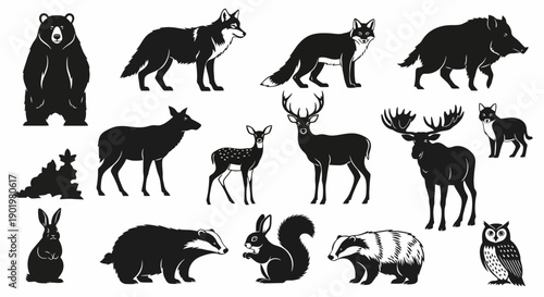 Collection of diverse wild forest animals depicted in silhouette, including bears, foxes, deer, and owls.