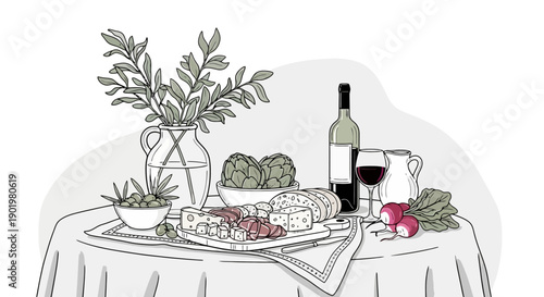 A still life illustration of a table laden with food and drink, featuring a vase of greenery, artichokes, bread, cheese, meat, olives, radishes, and a bottle of wine.