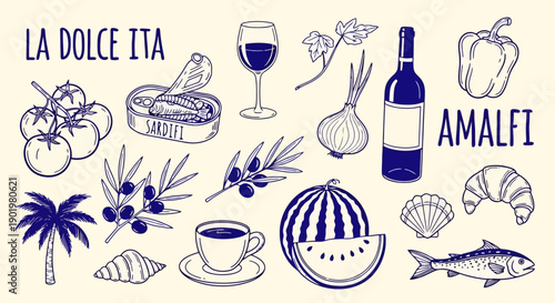 A charming collection of Italian food and drink illustrations, including tomatoes, olives, wine, coffee, and seafood, with "La Dolce Vita" and "Amalfi" text.