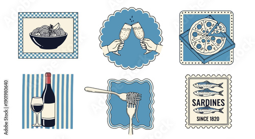 A collection of six vintage-style blue and white illustrations depicting various food and drink items such as pasta, pizza, wine, champagne, caviar, and sardines.