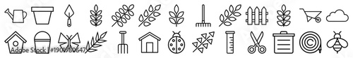 Gardening line icon set. Vector pictograms of a watering can, wheelbarrow, rake, birdhouse, bee, butterfly, ladybug, fence, plants, and hose, thin outline illustration.