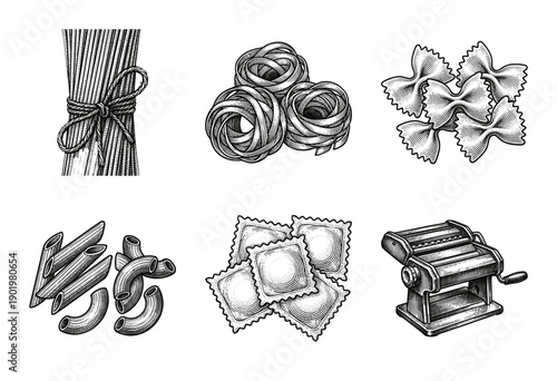 Collection of traditional Italian pasta varieties and manual pasta maker machine in vintage woodcut engraving style