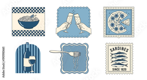 A collection of six vintage-style illustrations depicting various food and drink items, including pasta, champagne, pizza, wine, spaghetti, and sardines.