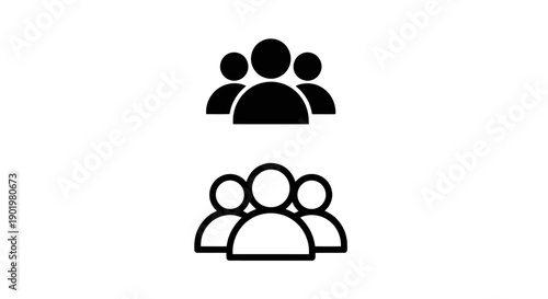Two distinct iconographic representations of a group of people, one filled black and the other outlined white, symbolizing community and teamwork.