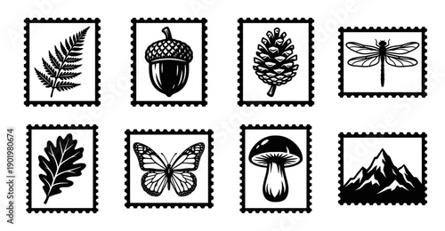 Minimalist Forest Nature Postage Stamp Collection for Botanical Scrapbooking and Woodland Stationery Design