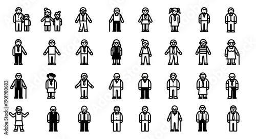A grid of pixelated human figures, representing diverse ages and styles, rendered in a monochrome, retro aesthetic.