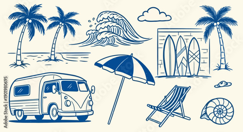 A charming collection of hand-drawn blue line art illustrations depicting a classic beach vacation scene, including palm trees, waves, surfboards, a camper van, and beach furniture.