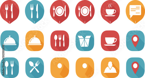 Restaurant and Food Location Icon Set with Dining Symbols, Tableware, Coffee Cups, Menu Signs, and Map Pins for Cafe and Service Navigation Designs