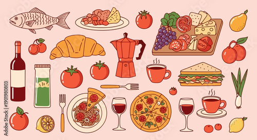 A vibrant collection of delicious food and drinks, including pizza, sandwiches, fruits, wine, and coffee, arranged on a light pink background.