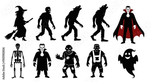Collection of Halloween-themed silhouette illustrations featuring a witch, zombies, werewolves, a vampire, a skeleton, Frankenstein's monster, and a ghost.