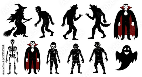 Collection of Silhouetted Halloween Characters Including a Witch, Zombies, Werewolves, Vampires, a Skeleton, and a Ghost.