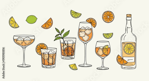 A vibrant collection of refreshing citrus-infused cocktails and garnishes, artfully arranged on a light background.
