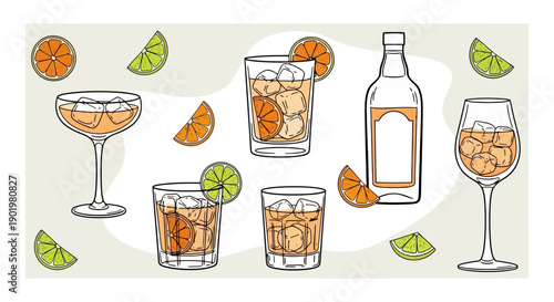 A vibrant illustration showcasing a variety of refreshing alcoholic beverages, including cocktails and wine, garnished with citrus slices and served with ice.