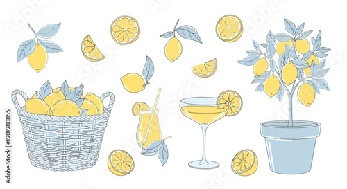 A charming collection of hand-drawn illustrations featuring lemons, including a lemon tree, a basket full of lemons, and refreshing lemon drinks.