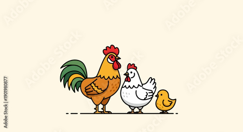 A charming cartoon illustration depicts a proud rooster standing tall next to a plump hen and a tiny, fluffy chick, all set against a soft, neutral background.