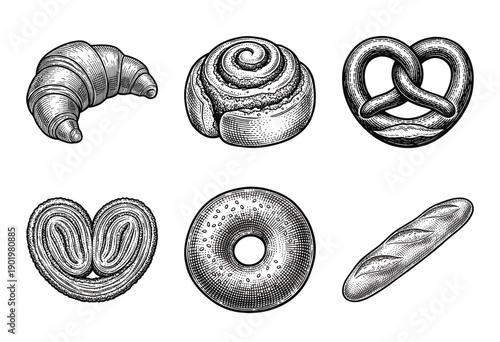 Set of bakery and pastry products featuring croissant cinnamon roll pretzel palmier bagel and baguette in a vintage woodcut engraving style.