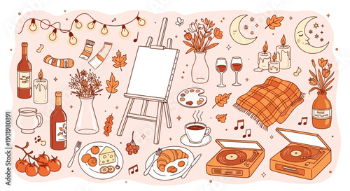Cozy autumn illustration featuring art supplies, food, drinks, music, and seasonal decor.