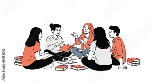 Five young students sitting on the floor, deeply engaged in an interactive discussion while surrounded by books,