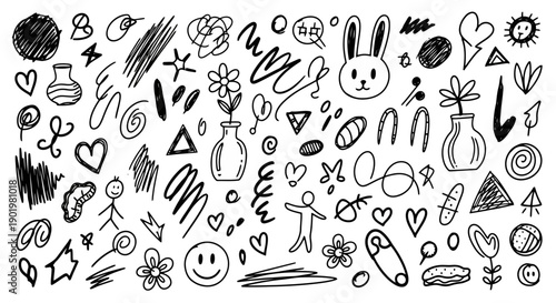 A collection of hand-drawn doodle elements including hearts, flowers, smiley faces, bunnies, and abstract scribbles.